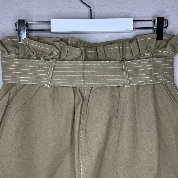 River Island 100% Cotton Khaki Green High Rise Paper Bag Belted Shorts Size US 6 - Picture 6 of 13